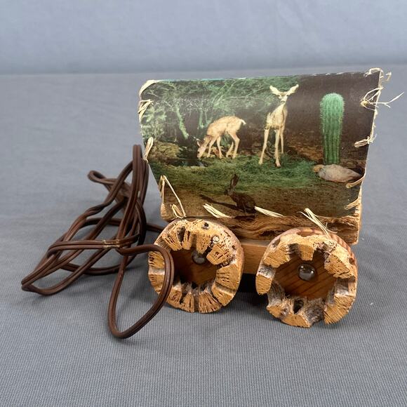 VTG Cholla Cactus Wood Covered Wagon Lamp 5" Rustic Southwest Deer Old West USA - Picture 4 of 16